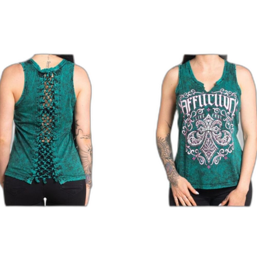 AFFLICTION Teal Lace-Up Back Women’s Racerback Sleeveless Tank Top Size Large
